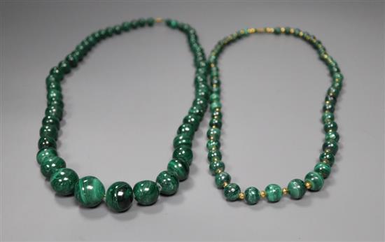 Ten assorted graduated malachite bead necklaces, two with gilt metal spacers, largest approximately 66cm,